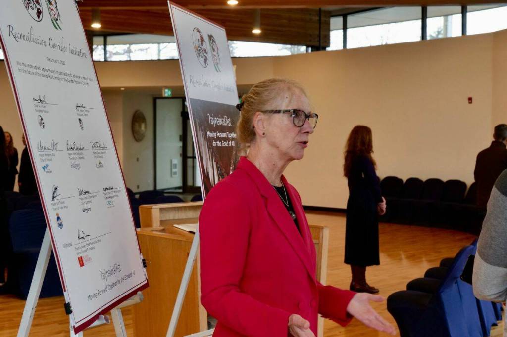 Esquimalt Mayor Barb Desjardins was one of several Greater Victoria mayors who gathered on Thursday, Dec. 11 to announce the formation of the Reconciliation Corridor Initiative. (Tony Trozzo/Victoria News)