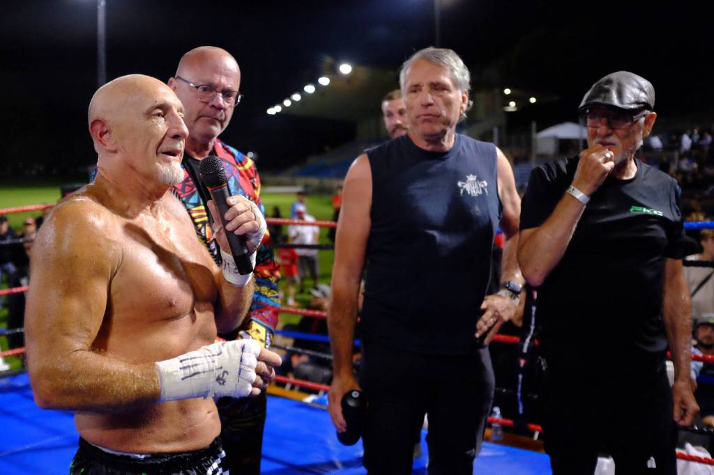 Stan Peterec (left) thanks the crowd for their support at Summer Slugfest IX, held Aug. 30, 2025, at Victoria&rsquo;s Royal Athletic Park. (Olivier Laurin/Victoria News)