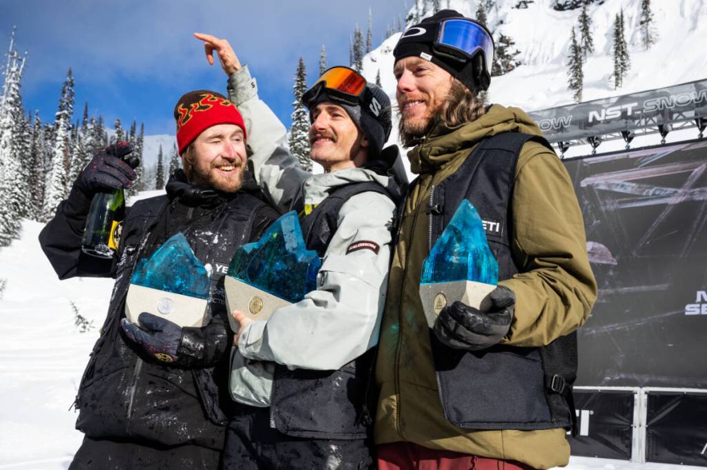 From left, Brin Alexander, Nils Mindnich and Torstein Horgmo on the podium at the Natural Selection Tour finals in Revelstoke on Saturday, March 14. (Photo by Mike Yoshida/Natural Selection)